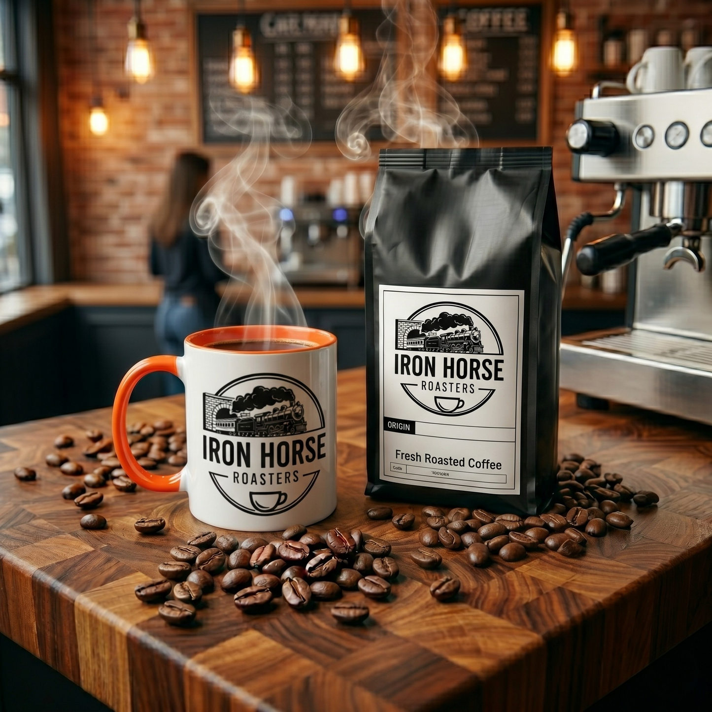 Black coffee bag and white mug with 'Iron Horse Roasters' logo on a wooden surface with coffee beans and a blurred background.