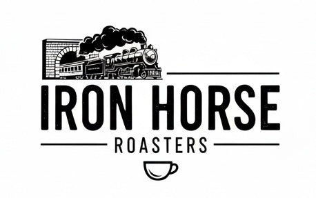 Logo of Iron Horse Roasters with a steam locomotive and coffee cup on a white background