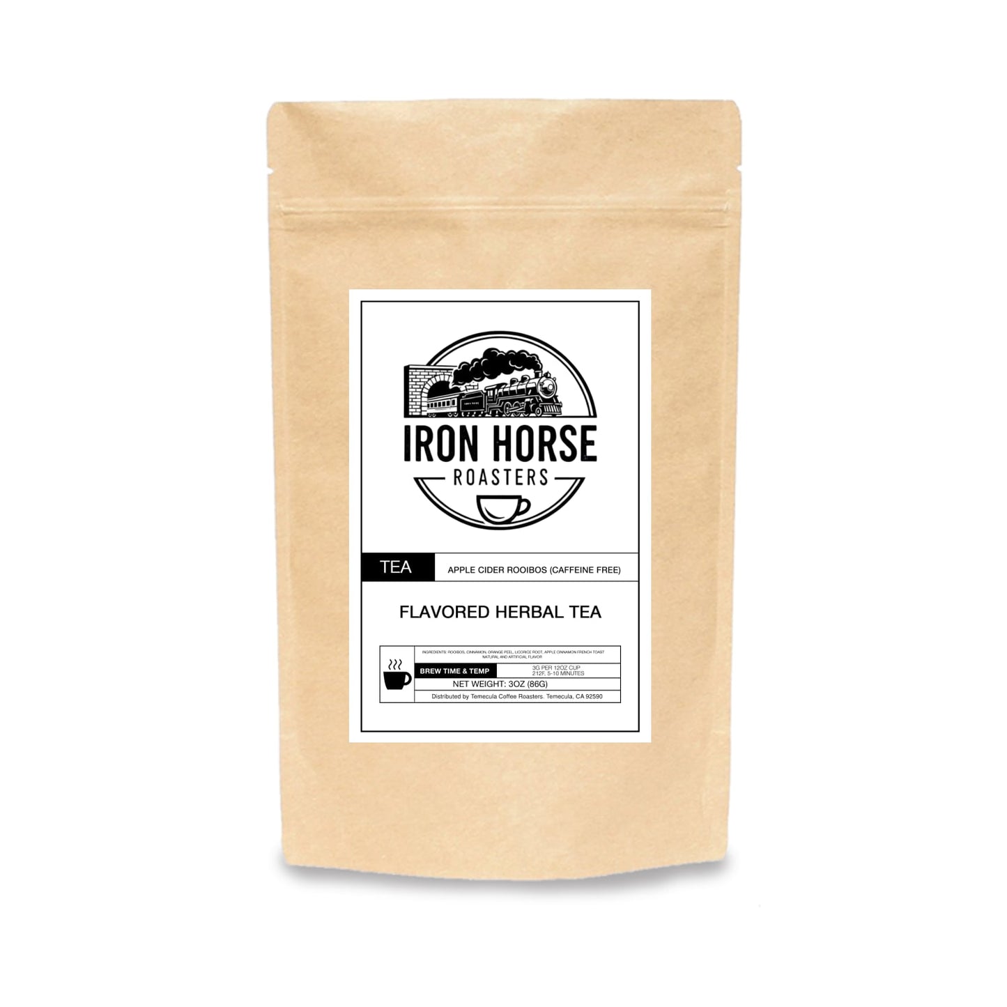 Kraft paper tea bag with 'Iron Horse Roasters' label on a white background