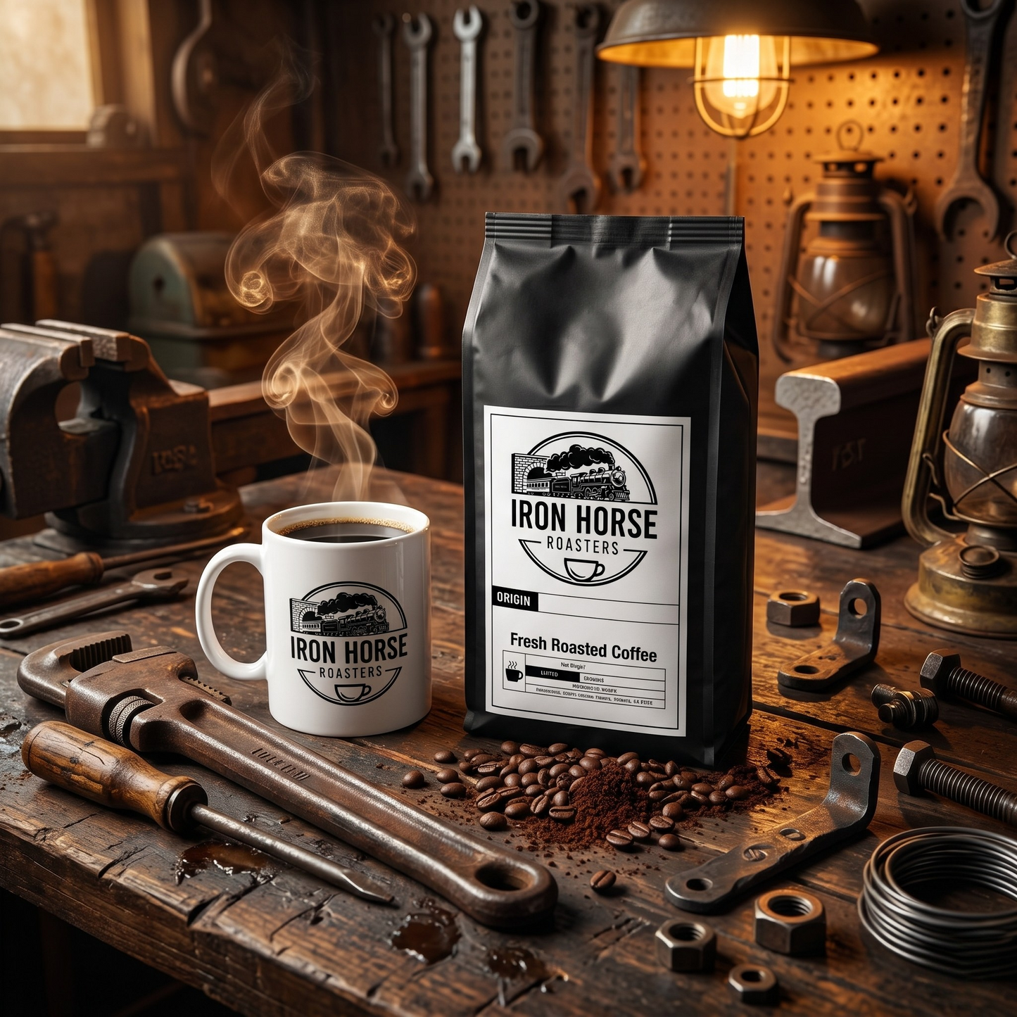 Steaming coffee cup and Iron Horse Roasters coffee bag on a workshop table with tools and coffee beans.