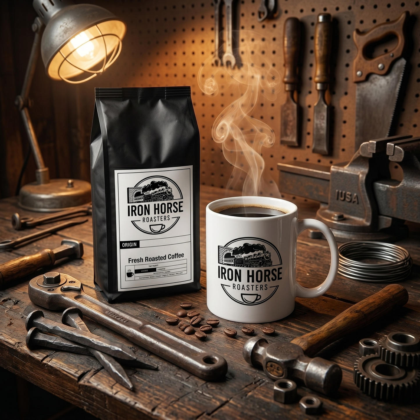 Coffe mug and coffee bag with 'Iron Horse Roasters' branding on a workshop background.