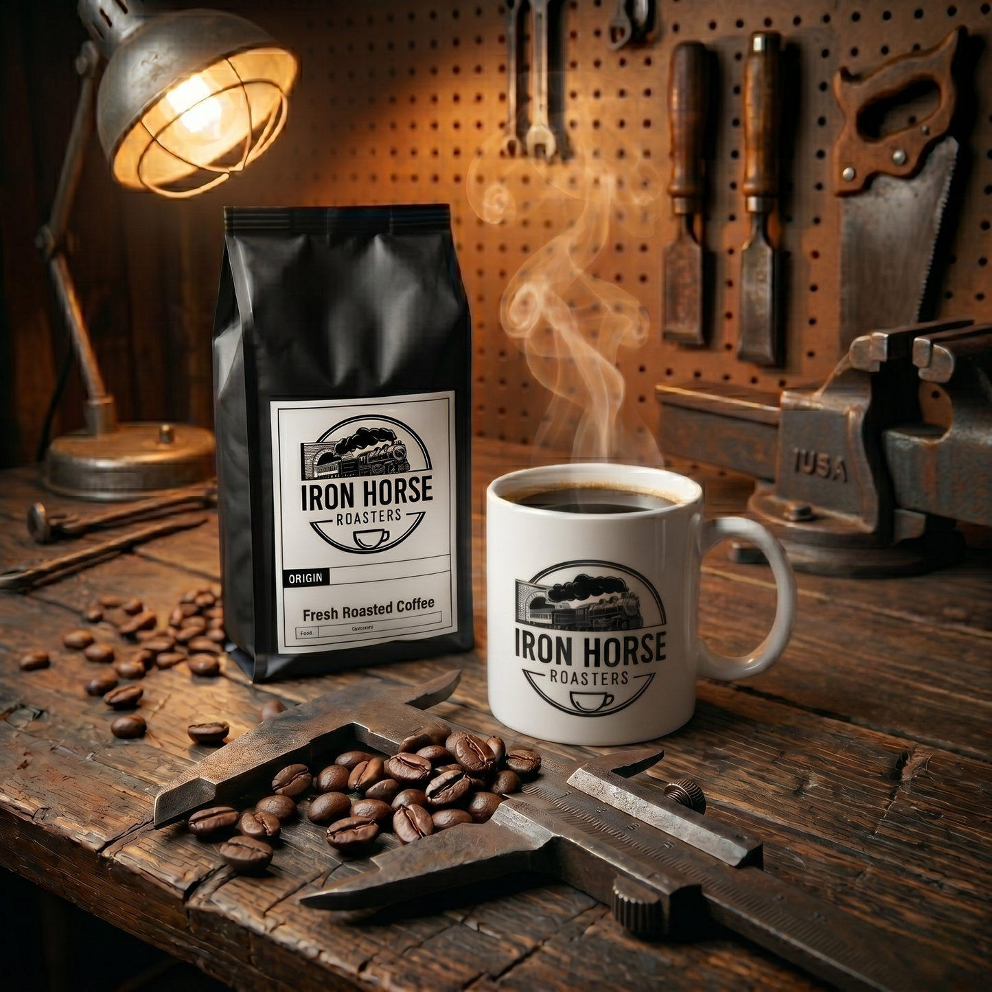 Coffee bag and mug with 'Iron Horse Roasters' branding on a wooden workbench with coffee beans and tools.