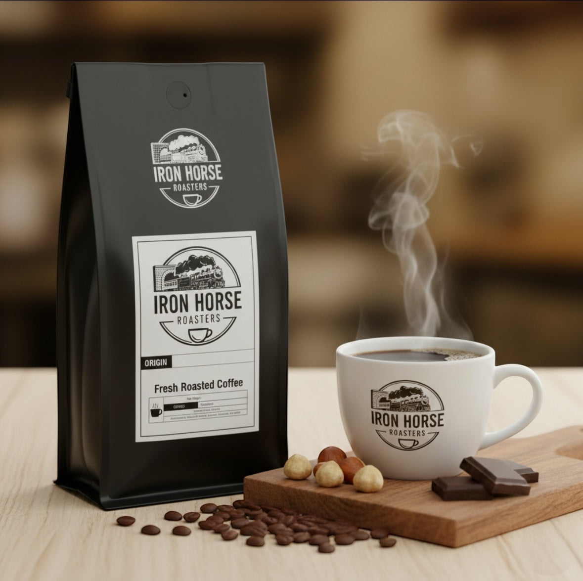 Iron Horse Roasters coffee packaging with a steaming cup of coffee on a wooden table.