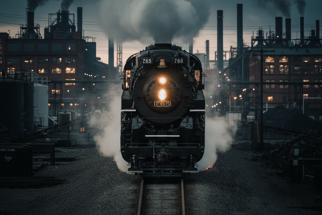Vintage steam locomotive with smoke against an industrial background