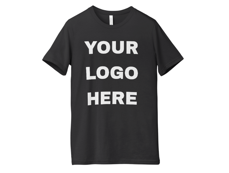 Black t-shirt with 'YOUR LOGO HERE' text on a white background