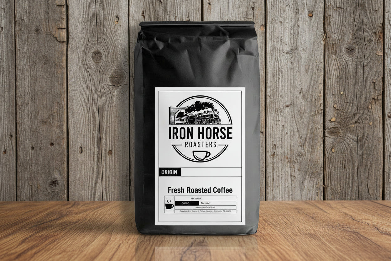 Black coffee bag with Iron Horse Roasters label on a white background