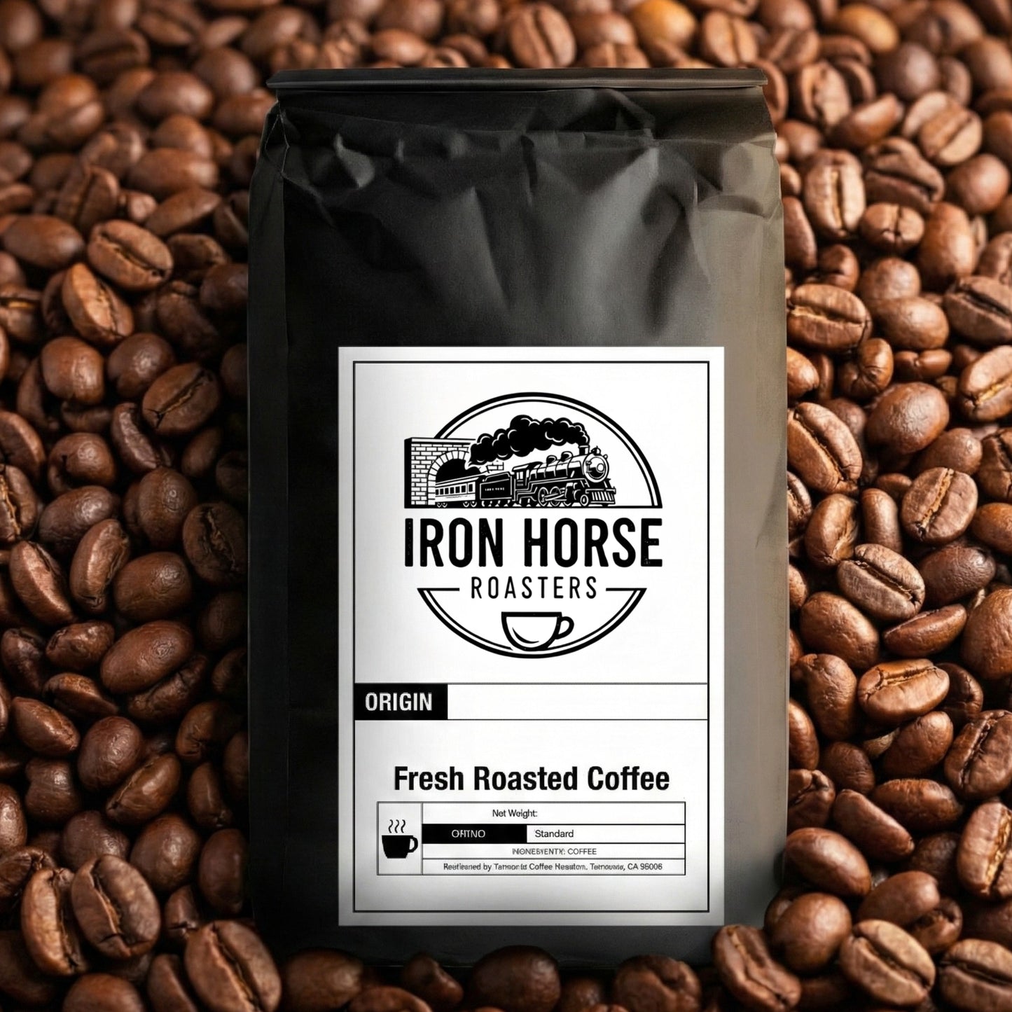 Coffee bag with Iron Horse Roasters label on a background of coffee beans