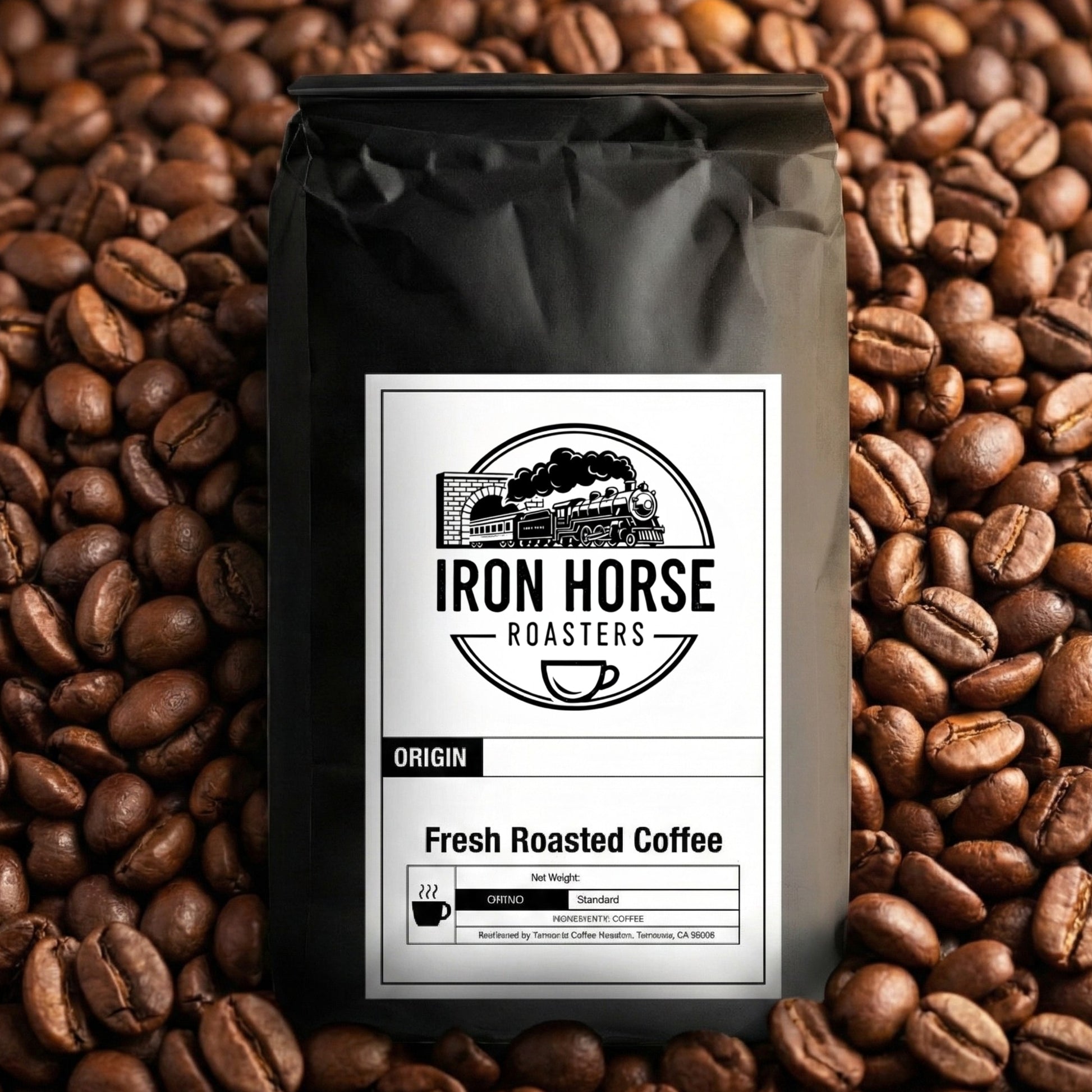 Coffee bag with Iron Horse Roasters label on a background of coffee beans