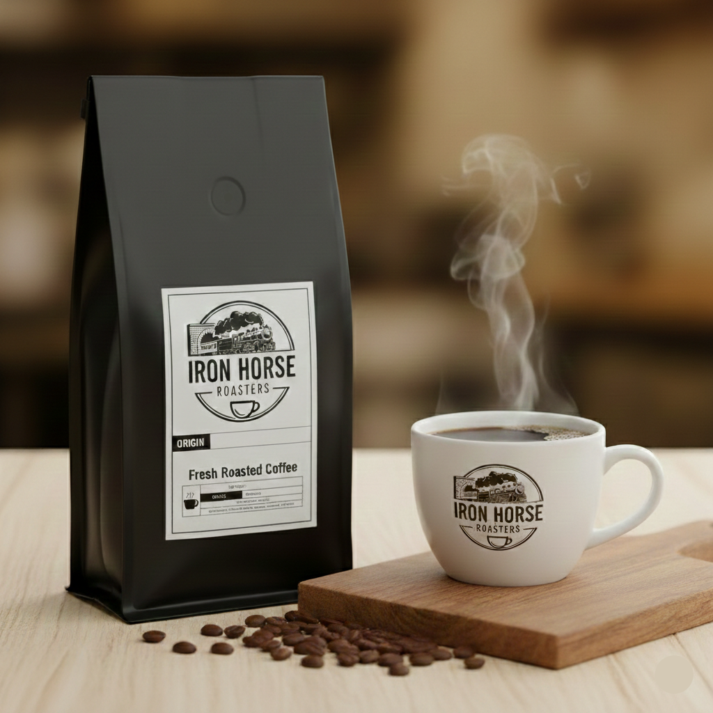 Black coffee bag and white mug with 'Iron Horse Roasters' logo on a wooden surface with coffee beans and a blurred background.