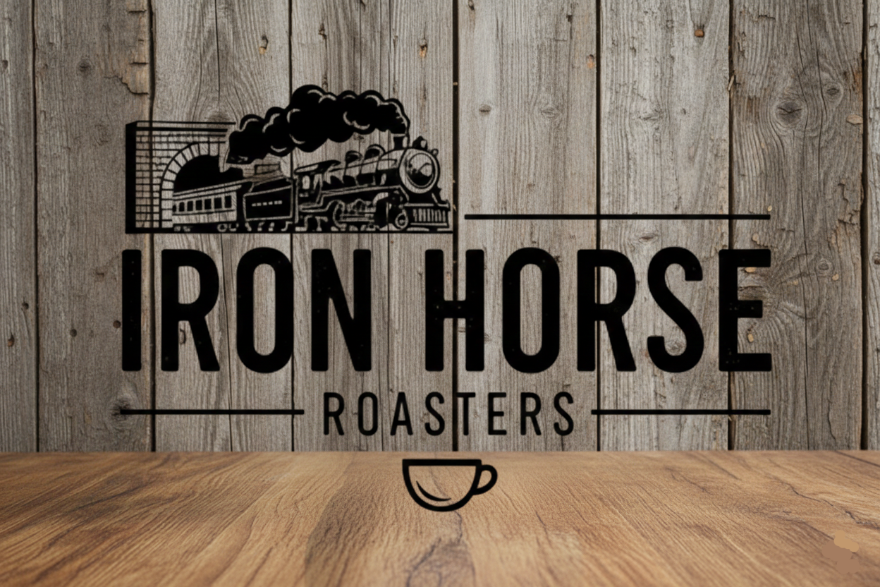Logo of Iron Horse Roasters with a train silhouette on a wooden background