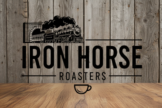 Logo of Iron Horse Roasters with a train silhouette on a wooden background