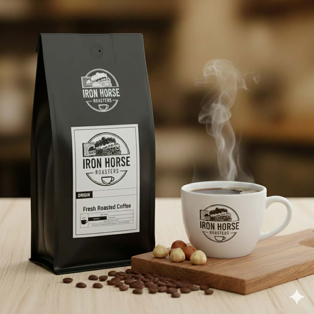 Black coffee bag and white mug with 'Iron Horse Roasters' logo on a wooden board with coffee beans and hazelnuts.