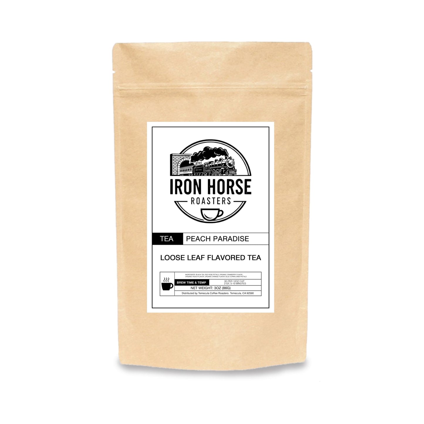 Kraft paper tea bag with 'Iron Horse Roasters' label on a white background
