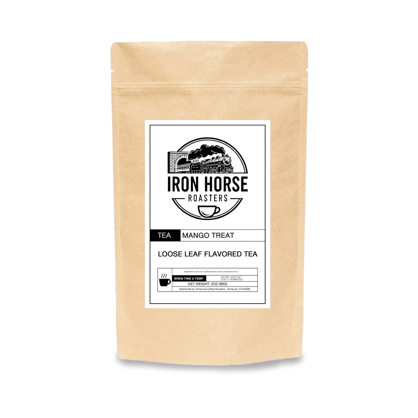 Kraft paper tea bag with 'Iron Horse Roasters' label on a white background