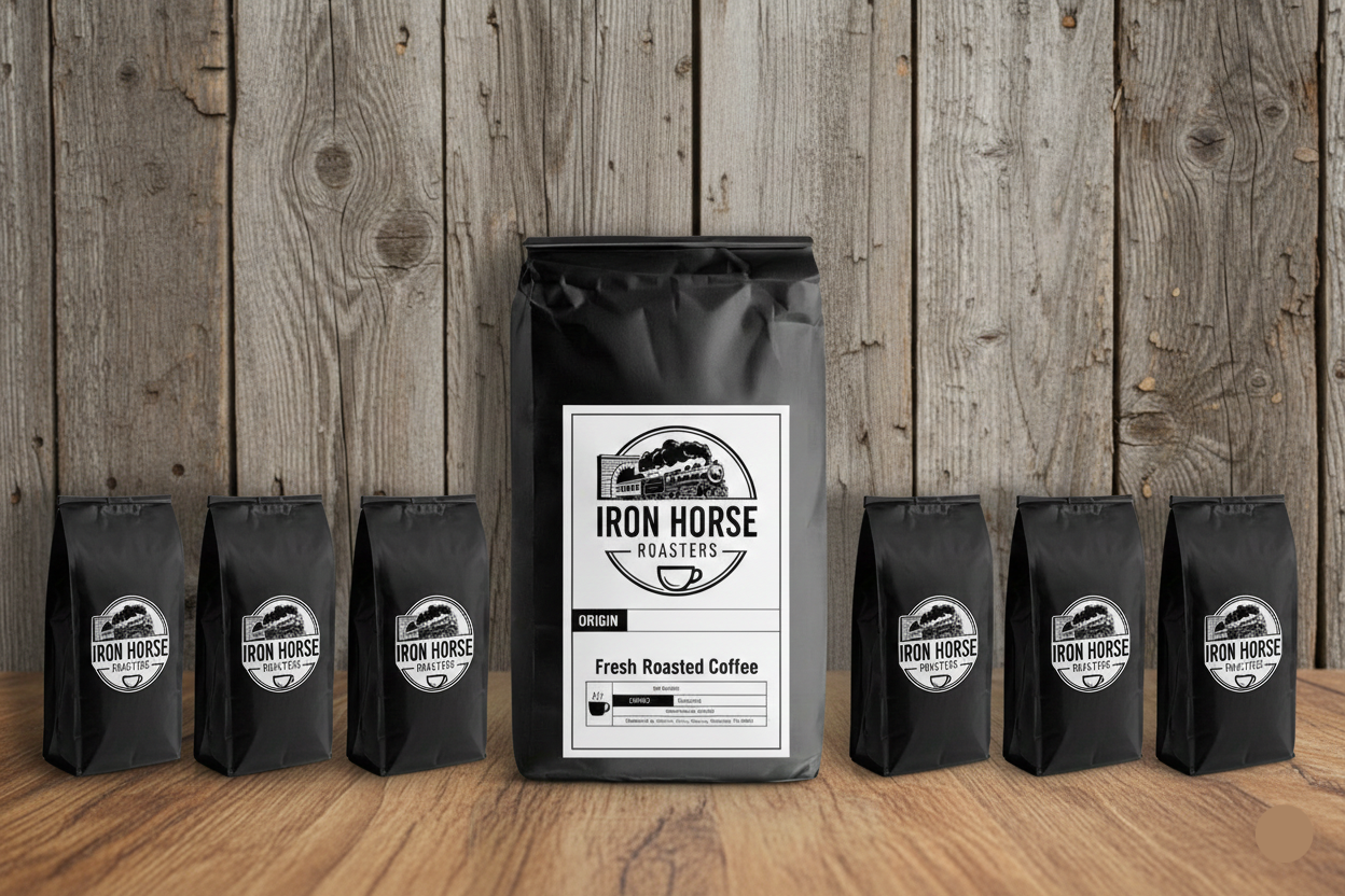 Iron Horse Roasters coffee bags on a aged barn wood background