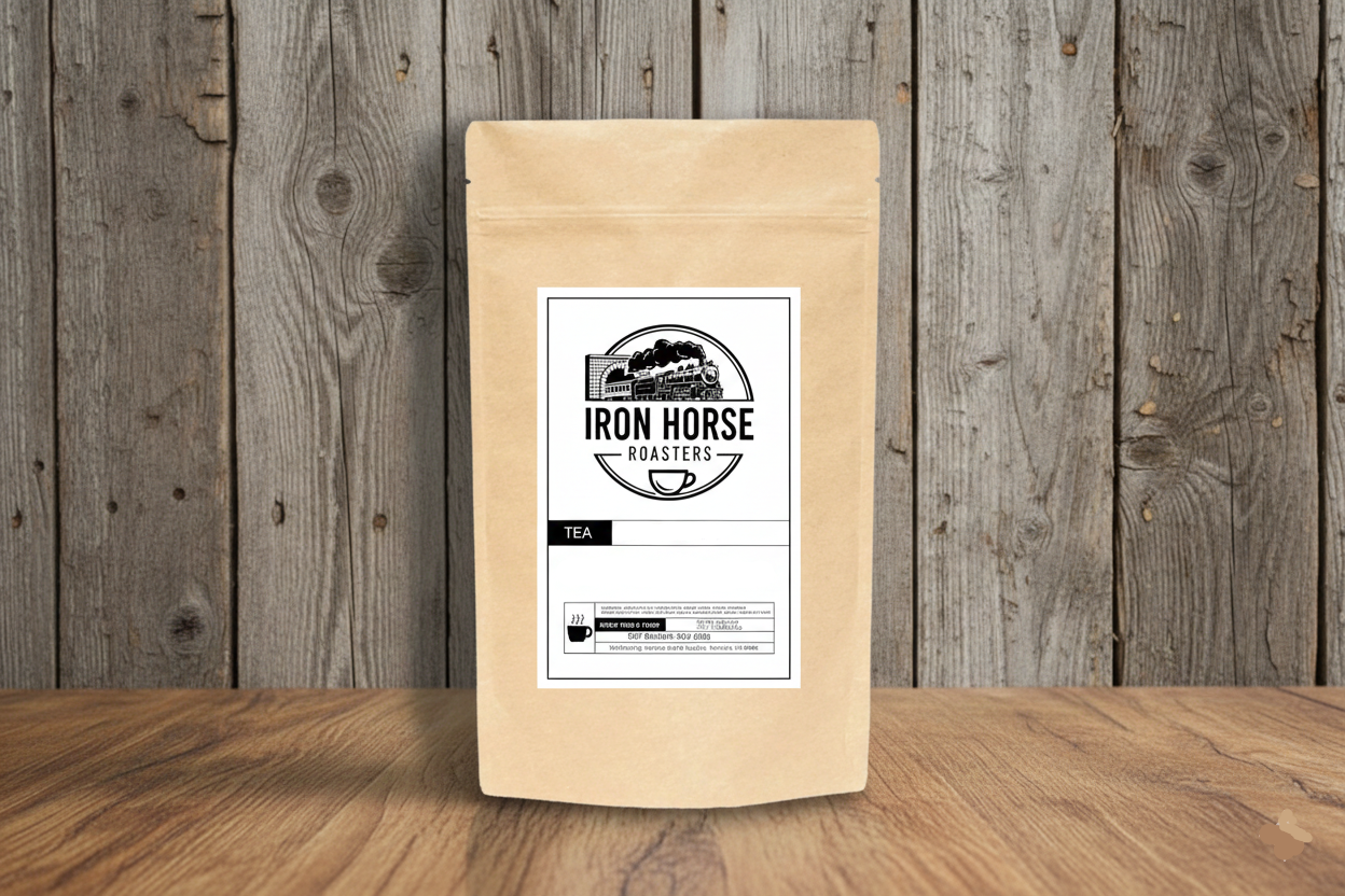 Tea package with 'Iron Horse Roasters' label on a wooden surface and background